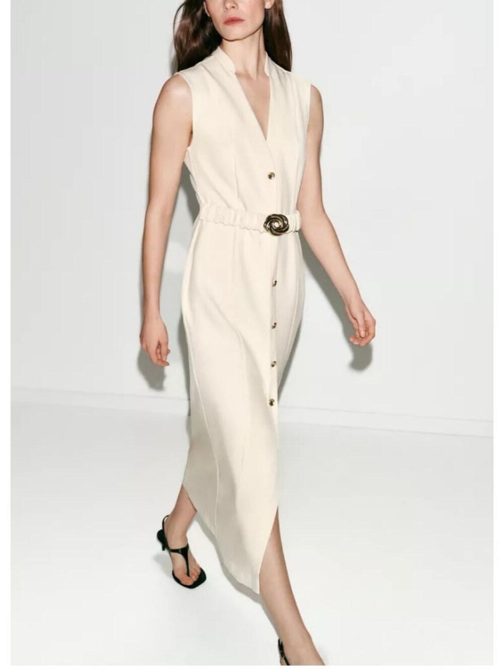 Zara Belted Sleeveless Cream Button-Front Midi Dress Sz-L